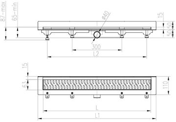 EASY sprchový žľab 650 mm, k stene, bočný odtok D 40, rošt HARMONY, plast/nerez oceľ lesk EPZ20-ZP-650 Technický nákres