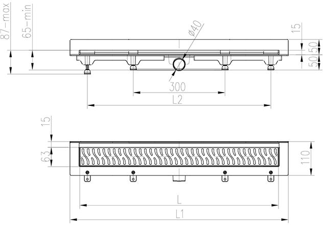 EASY sprchový žľab 650 mm, k stene, bočný odtok D 40, rošt HARMONY, plast/nerez oceľ lesk EPZ20-ZP-650 Technický nákres