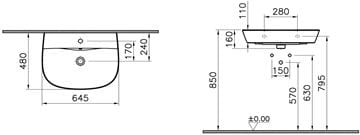 CONCEPT 100 umývadlo 65 cm, s otvorom pre batériu a prepadom, VitrA Clean, alpská biela 7279L003-1425 Technický nákres