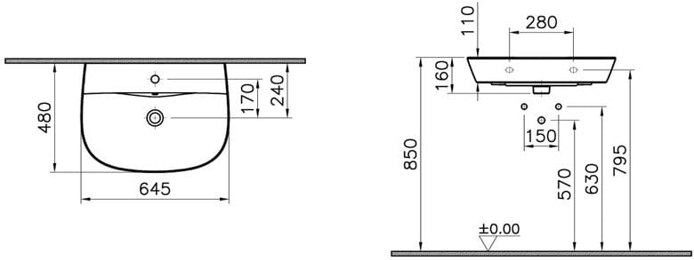CONCEPT 100 umývadlo 65 cm, s otvorom pre batériu a prepadom, VitrA Clean, alpská biela 7279L003-1425 Technický nákres