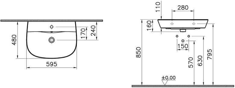 CONCEPT 100 umývadlo 60 cm, s otvorom pre batériu a prepadom, VitrA Clean, alpská biela 7280L003-1425 Technický nákres