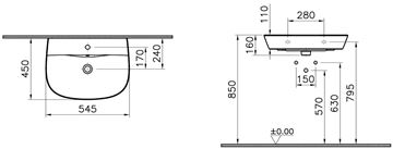 CONCEPT 100 umývadlo 55 cm s otvorom pre batériu a prepadom, VitrA Clean, alpská biela 7281L003-1425 Technický nákres