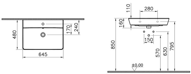 CONCEPT 100 umývadlo 65 cm, s otvorom pre batériu a prepadom, alpská biela 7283L003-1425 Technický nákres