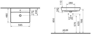 CONCEPT 100 umývadlo 60 cm, s otvorom pre batériu a prepadom, alpská biela 7284L003-1425 Technický nákres