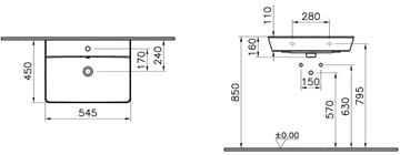 CONCEPT 100 umývadlo 55 cm, s otvorom pre batériu a prepadom, alpská biela 7285L003-1425 Technický nákres