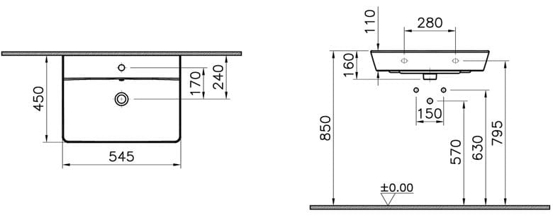 CONCEPT 100 umývadlo 55 cm, s otvorom pre batériu a prepadom, alpská biela 7285L003-1425 Technický nákres