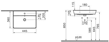CONCEPT 100 umývadlo 44,5 cm, s otvorom pre batériu a prepadom, alpská biela 7286L003-1425 Technický nákres