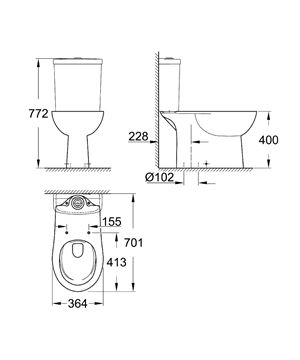 GROHE BAU CERAMIC WC kombi misa, Rimless splachovanie, spodný odpad, alpská biela 39429000 Technický nákres