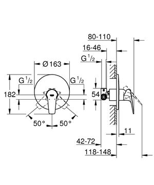 GROHE BAUFLOW sprchová podomietková batéria, s telesom, chróm 29112000 Technický nákres