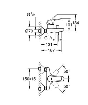 GROHE BAUFLOW vaňová nástenná batéria, s prepínačom, chróm 23756000 Technický nákres