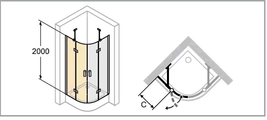CONCEPT 400 sprchový kút 90x90 cm, R500, krídlové dvere, strieborná pololesklá/sklo číre CA0702.069.322 Technický nákres