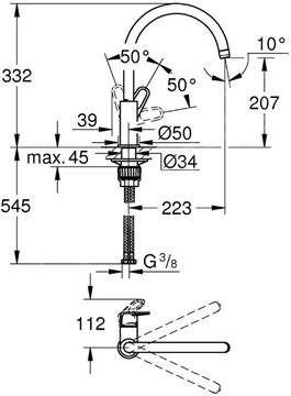 GROHE BAUFLOW drezová batéria, chróm 31538001 Technický nákres