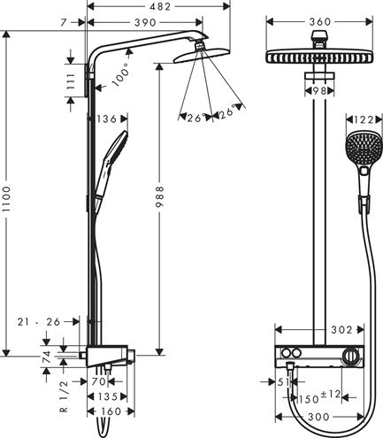 HANSGROHE RAINDANCE E SHOWERPIPE 360 sprchový set s termostatickou batériou, horná sprcha, ručná sprcha s 3 prúdmi, tyč, hadica, chróm 27288000 Technický nákres