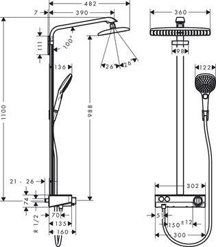 HANSGROHE RAINDANCE E SHOWERPIPE 360 sprchový set s termostatickou batériou, horná sprcha, ručná sprcha s 3 prúdmi, tyč, hadica, chróm 27288000 Technický nákres