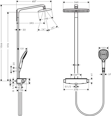 HANSGROHE RAINDANCE E SHOWEPIPE 360 sprchový set s termostatickou batériou, horná sprcha, ručná sprcha s 3 prúdmi, biela/chróm 27112400 Technický nákres