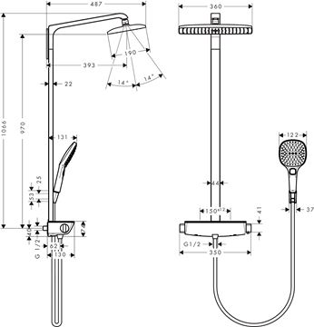 HANSGROHE RAINDANCE E SHOWEPIPE 360 sprchový set s termostatickou batériou, horná sprcha, ručná sprcha s 3 prúdmi, biela/chróm 27112400 Technický nákres
