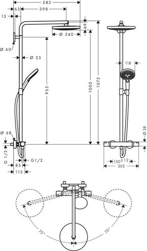 HANSGROHE RAINDANCE SELECT S SHOWEPIPE 240 sprchový set s termostatickou batériou, horná sprcha, ručná sprcha s 3 prúdmi, tyč, hadica, chróm 27129000 Technický nákres