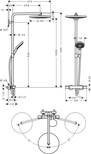 HANSGROHE RAINDANCE SELECT S SHOWEPIPE 300 sprchový set s termostatickou batériou, horná sprcha, ručná sprcha s 3 prúdmi, tyč, hadica, chróm 27133000 Technický nákres
