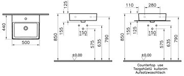 VITRA NUO umývadlo na dosku 50 cm, s otvorom pre batériu a prepadom 7431B003-0001 Technický nákres