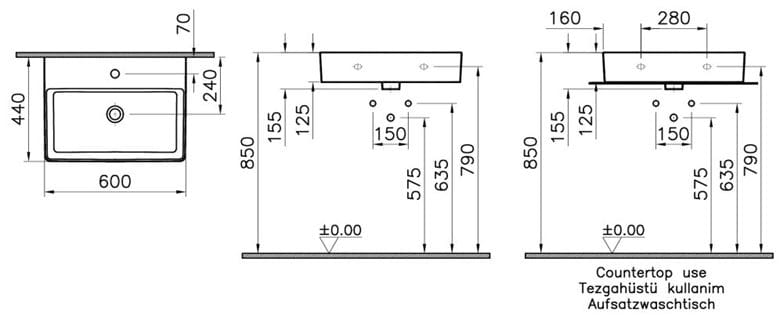 VITRA NUO umývadlo na dosku 60 cm, s otvorom pre batériu a prepadom 7432B003-0001 Technický nákres