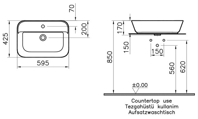VITRA GEO umývadlo na dosku 59,5 cm, s otvorom pre batériu a prepadom, VitrAhygiene 7426B003-0001 Technický nákres