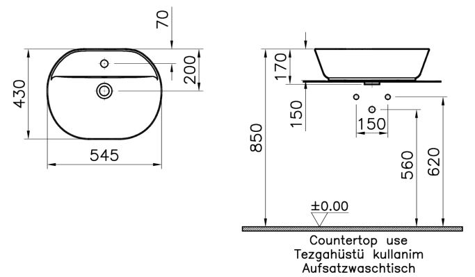 VITRA GEO umývadlo na dosku 55 cm, s otvorom pre batériu a prepadom, VitrAhygiene 7428B003-0001 Technický nákres