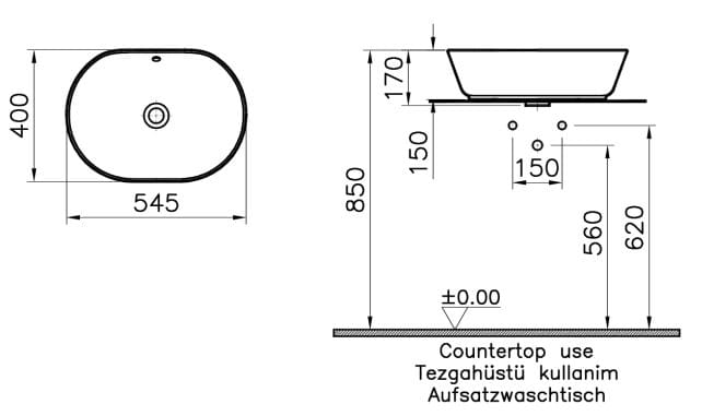VITRA GEO umývadlová misa 55 cm, s prepadom, VitrAhygiene 7427B003-0012 Technický nákres