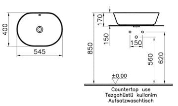 VITRA GEO umývadlová misa 55 cm, s prepadom, VitrAhygiene 7427B003-0012 Technický nákres