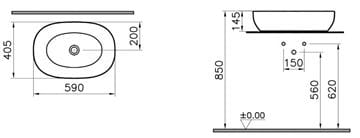 VITRA OUTLINE umývadlová misa 59 cm, bez prepadu, VitrAhygiene 5995B403-0016 Technický nákres