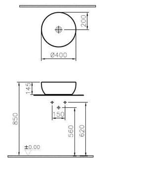 VITRA OUTLINE umývadlová misa 40 cm, bez prepadu, VitrAhygiene, matná čierna 5992B483-0016 Technický nákres
