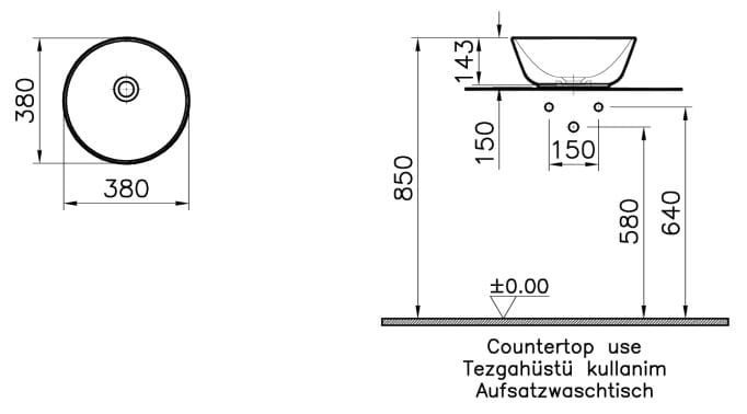 VITRA GEO umývadlová misa 38 cm, bez prepadu, VitrAhygiene 7421B003-0016 Technický nákres