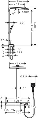 HANSGROHE RAINMAKER SELECT SHOWERPIPE 460 sprchový set s termostatickou batériou, horná sprcha, ručná sprcha s 2 prúdmi, tyč, hadica, držiak, biela/chróm 27109400 Technický nákres