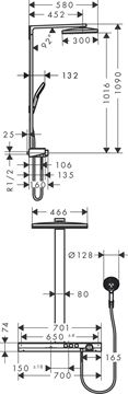 HANSGROHE RAINMAKER SELECT SHOWERPIPE 460 sprchový set s termostatickou batériou, horná sprcha, ručná sprcha s 2 prúdmi, tyč, hadica, držiak, biela/chróm 27109400 Technický nákres