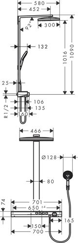 HANSGROHE RAINMAKER SELECT SHOWERPIPE 460 sprchový set s termostatickou batériou, horná sprcha, ručná sprcha s 3 prúdmi, tyč, hadica, držiak, biela/chróm 27106400 Technický nákres