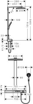 HANSGROHE RAINMAKER SELECT SHOWERPIPE 460 sprchový set s termostatickou batériou, horná sprcha, ručná sprcha s 3 prúdmi, tyč, hadica, držiak, biela/chróm 27106400 Technický nákres