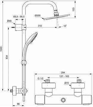IDEAL STANDARD IDEALRAIN sprchový set s termostatickou batériou, hlavová sprcha, ručná sprcha s 3 prúdmi, tyč, hadica, chróm A5686AA Technický nákres