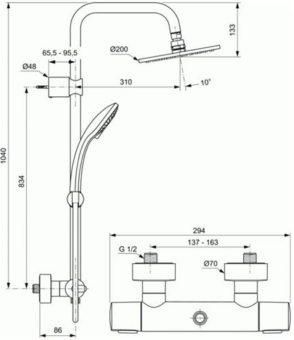 IDEAL STANDARD IDEALRAIN sprchový set s termostatickou batériou, hlavová sprcha, ručná sprcha s 3 prúdmi, tyč, hadica, chróm A5686AA Technický nákres