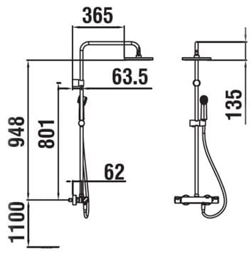 LAUFEN CITYPRO prchový set s termostatickou batériou, horná sprcha, ručná sprcha sa, tyč, hadica, chróm HF500957100600 Technický nákres