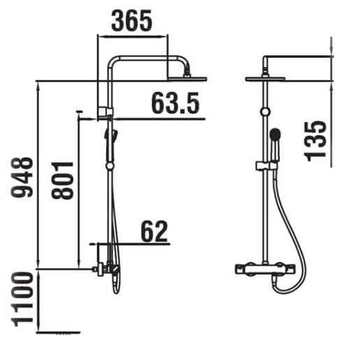 LAUFEN CITYPRO prchový set s termostatickou batériou, horná sprcha, ručná sprcha sa, tyč, hadica, chróm HF500957100600 Technický nákres