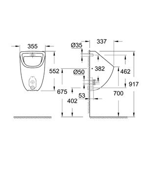 GROHE BAU CERAMIC pisoár, zadný prívod vody, alpská biela 39438000 Technický nákres