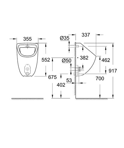 GROHE BAU CERAMIC pisoár, zadný prívod vody, alpská biela 39438000 Technický nákres