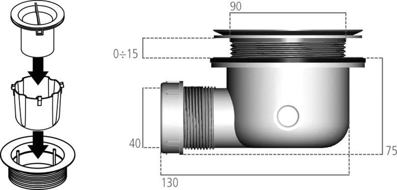 IDEAL ŠTANDARD ULTRA FLAT S vaničkový sifón pr. 90 mm, bez krytky K936367 Technický nákres