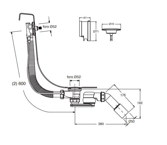 CONCEPT 200 vaňový sifón 60 cm, s napúšťaním prepadom, bovden, chróm CRID62167951CON Technický nákres