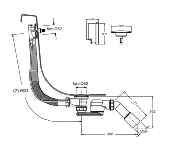 CONCEPT 200 vaňový sifón 60 cm, s napúšťaním prepadom, bovden, chróm CRID62167951CON Technický nákres
