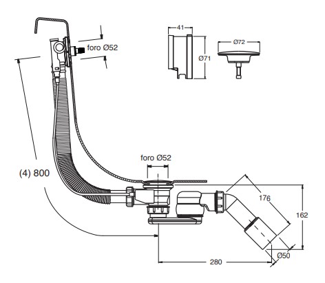 CONCEPT 200 vaňový sifón 80 cm, s napúšťaním prepadom, bovden, chróm CRID64167951CON Technický nákres