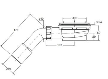 CONCEPT 200 nízky vaničkový sifón pr. 90 mm, bez krytky CRIAD45300CON Technický nákres