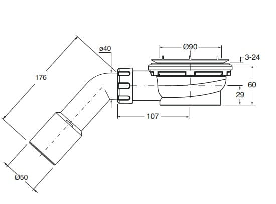 CONCEPT 200 nízky vaničkový sifón pr. 90 mm, bez krytky CRIAD45300CON Technický nákres