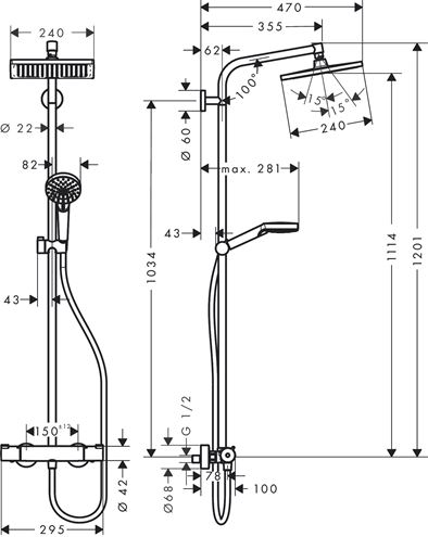 HANSGROHE CROMETTA E SHOWERPIPE 240 sprchový set s termostatickou batériou, horná sprcha, ručná sprcha s 2 prúdmi, tyč, hadica, chróm 27271000 Technický nákres
