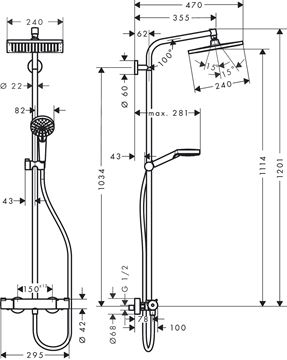 HANSGROHE CROMETTA E SHOWERPIPE 240 sprchový set s termostatickou batériou, horná sprcha, ručná sprcha s 2 prúdmi, tyč, hadica, chróm 27271000 Technický nákres
