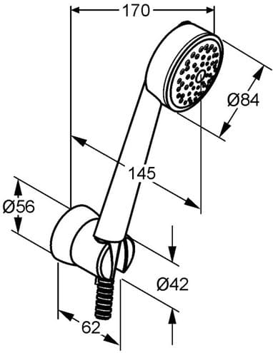 KLUDI ZENTA 1S ručná sprcha pr. 84mm, s držiakom a hadicou, chróm 6065005-00 Technický nákres